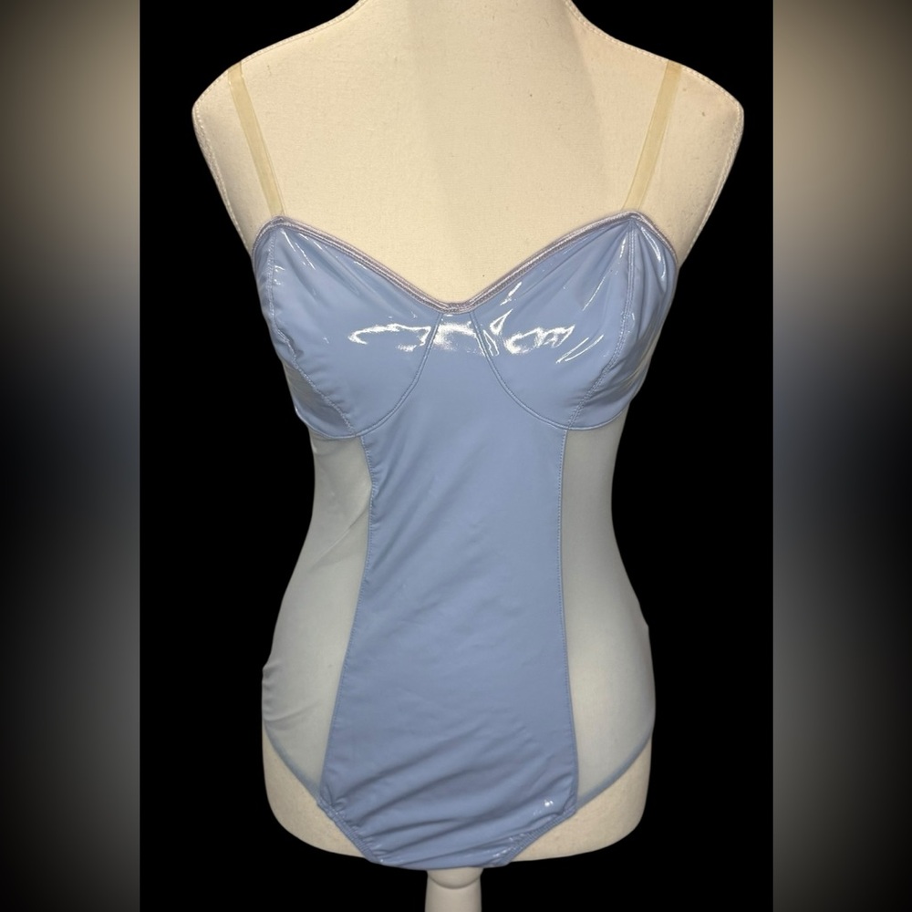 FASHION NOVA Blue Vinyl PU and sheer mesh bodysuit Bodycon Corset Size Medium